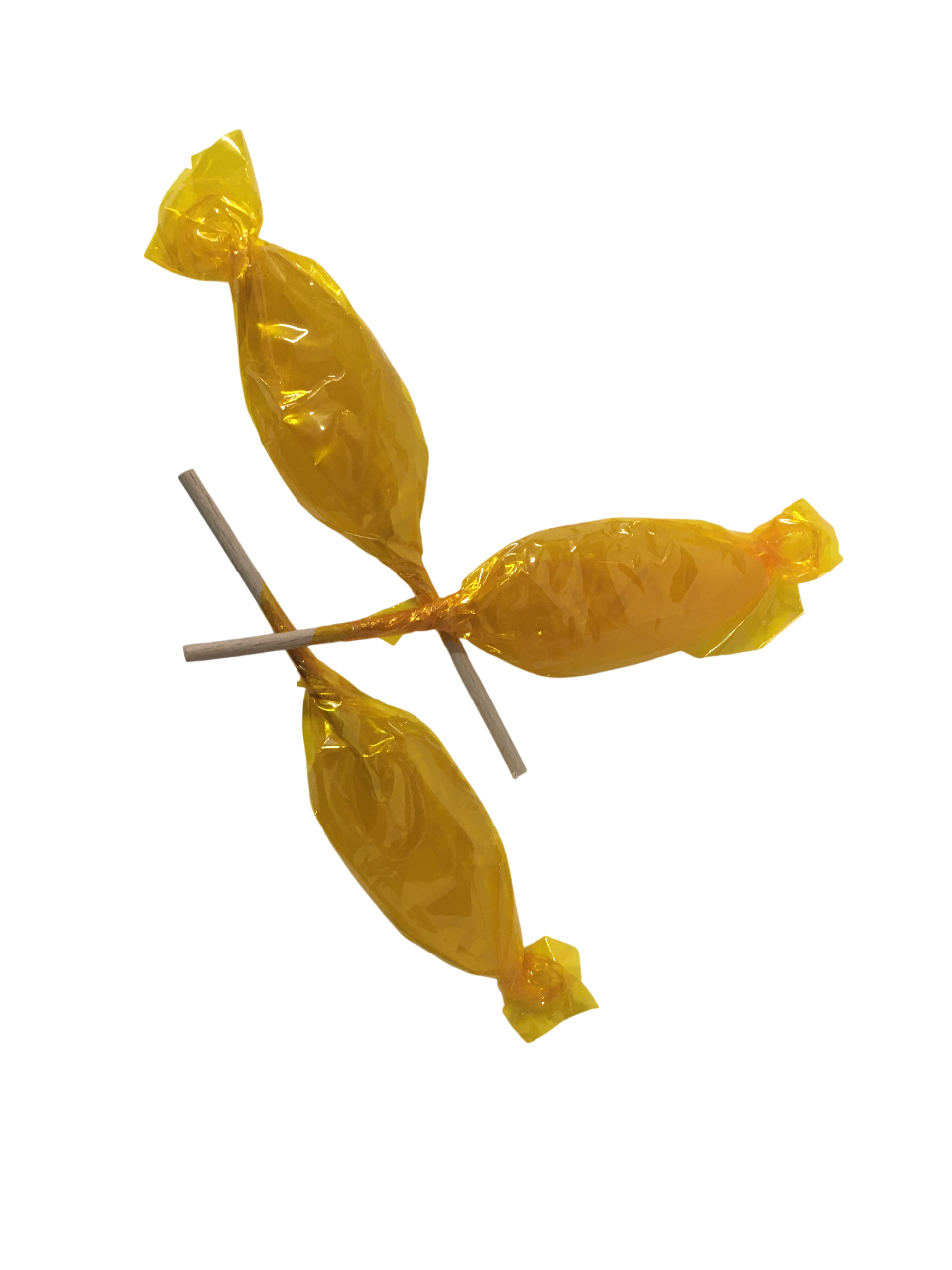 Tre lecca lecca al miele singoli avvolti in plastica gialla