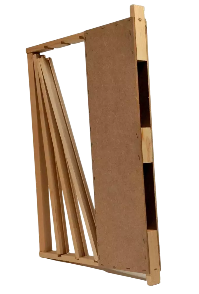 Vista laterale di telaino portastecche per pappa reale con nutritore superiore