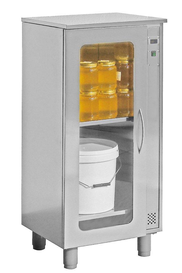 Armadietto fondimiele coibentato professionale in acciaio inox per laboratorio apistico, sportello trasparente e interni per vasetti miele e secchi