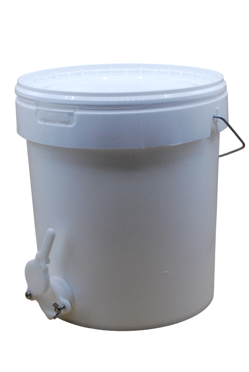 Contenitore per miele con coperchio a pressione e rubinetto frontale