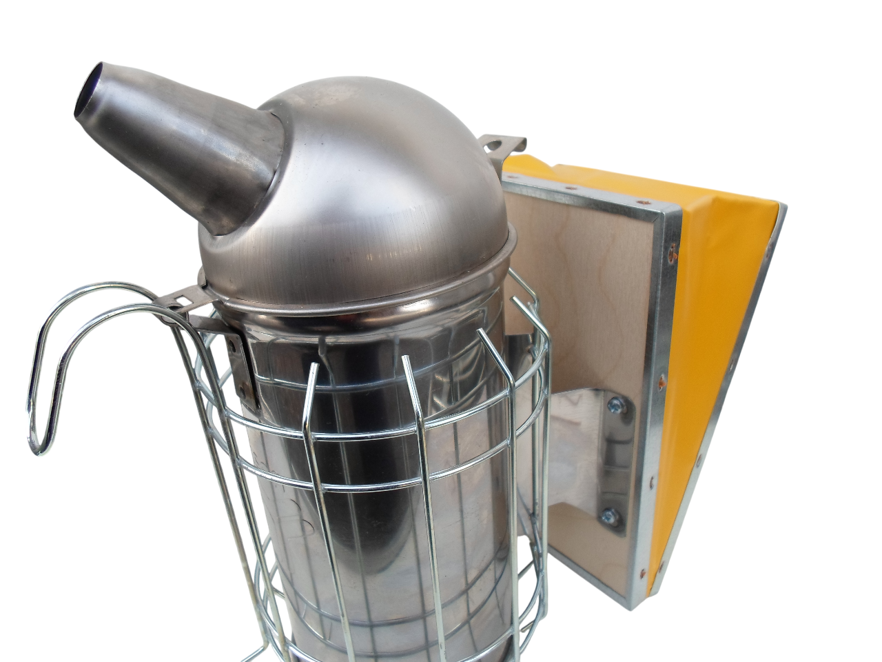 Affumicatore apicoltura inox con dettaglio del mantice in vinilpelle