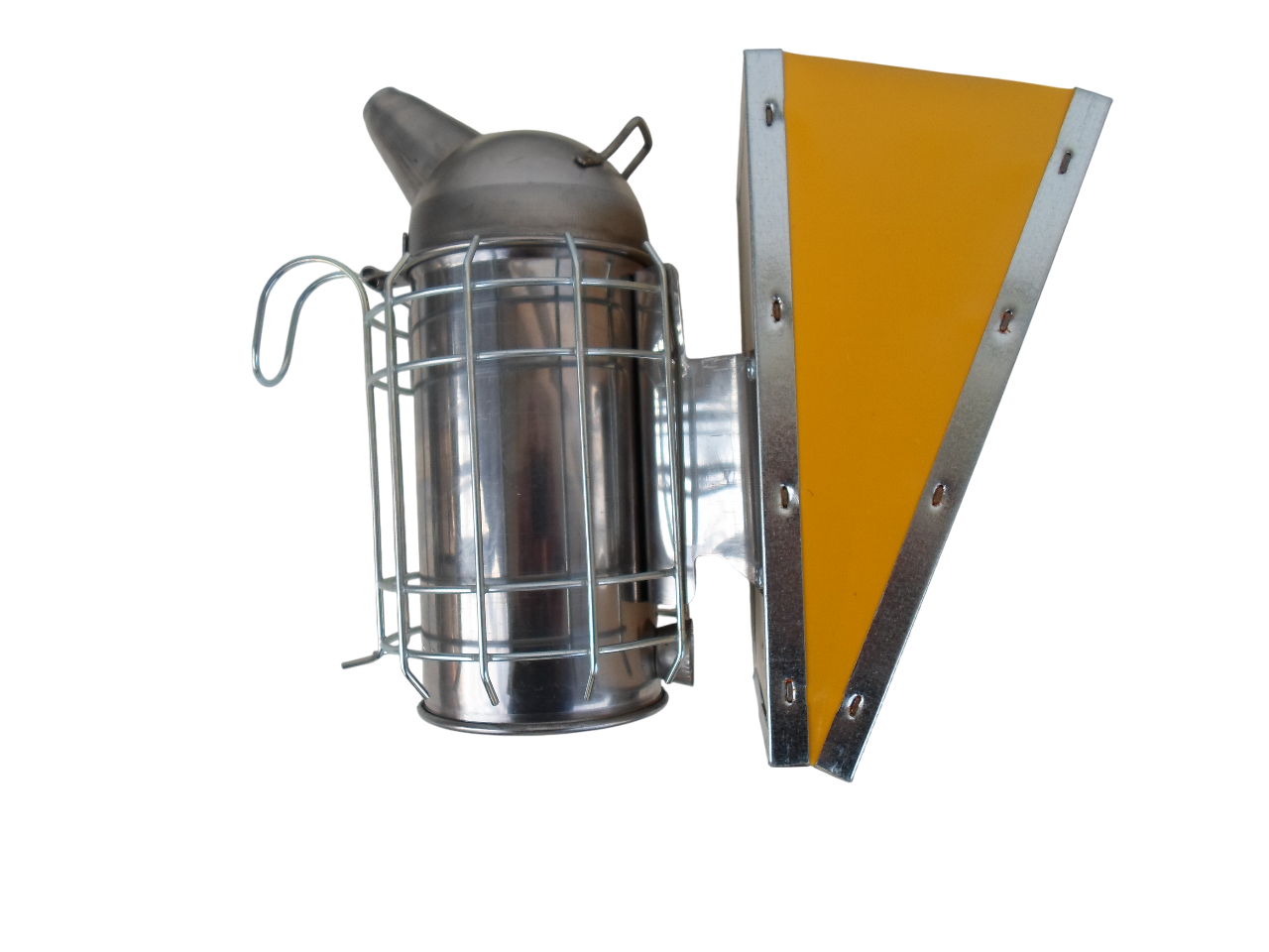 Vista laterale affumicatore inox 8 cm con mantice in vinilpelle