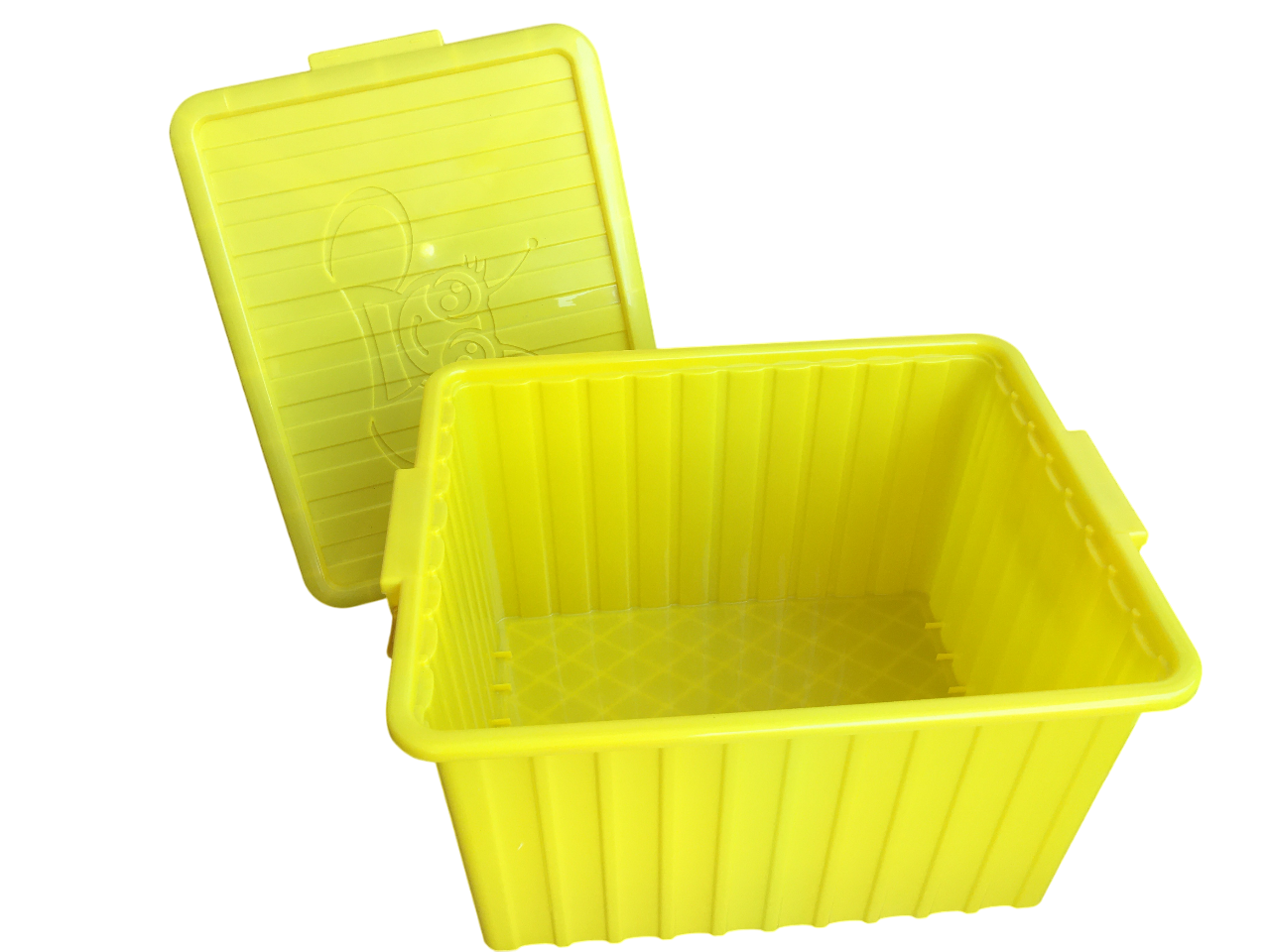 Cassa di servizio in plastica gialla aperta per 8 favi Dadant o Langstroth con coperchio asportato