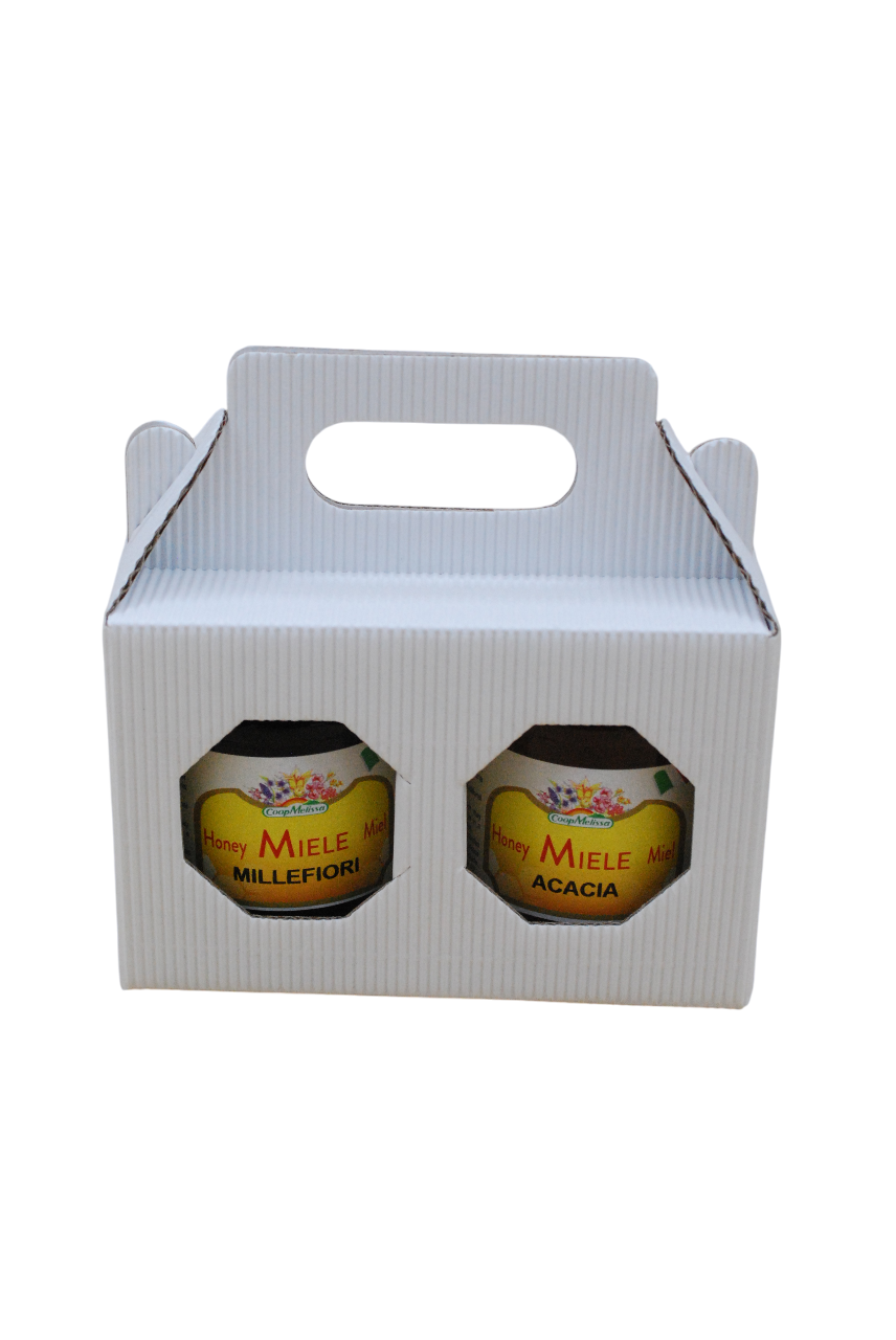 scatoletta portavasetti bianca per due vasi da 250 grammi di miele con finestra espositiva e manico