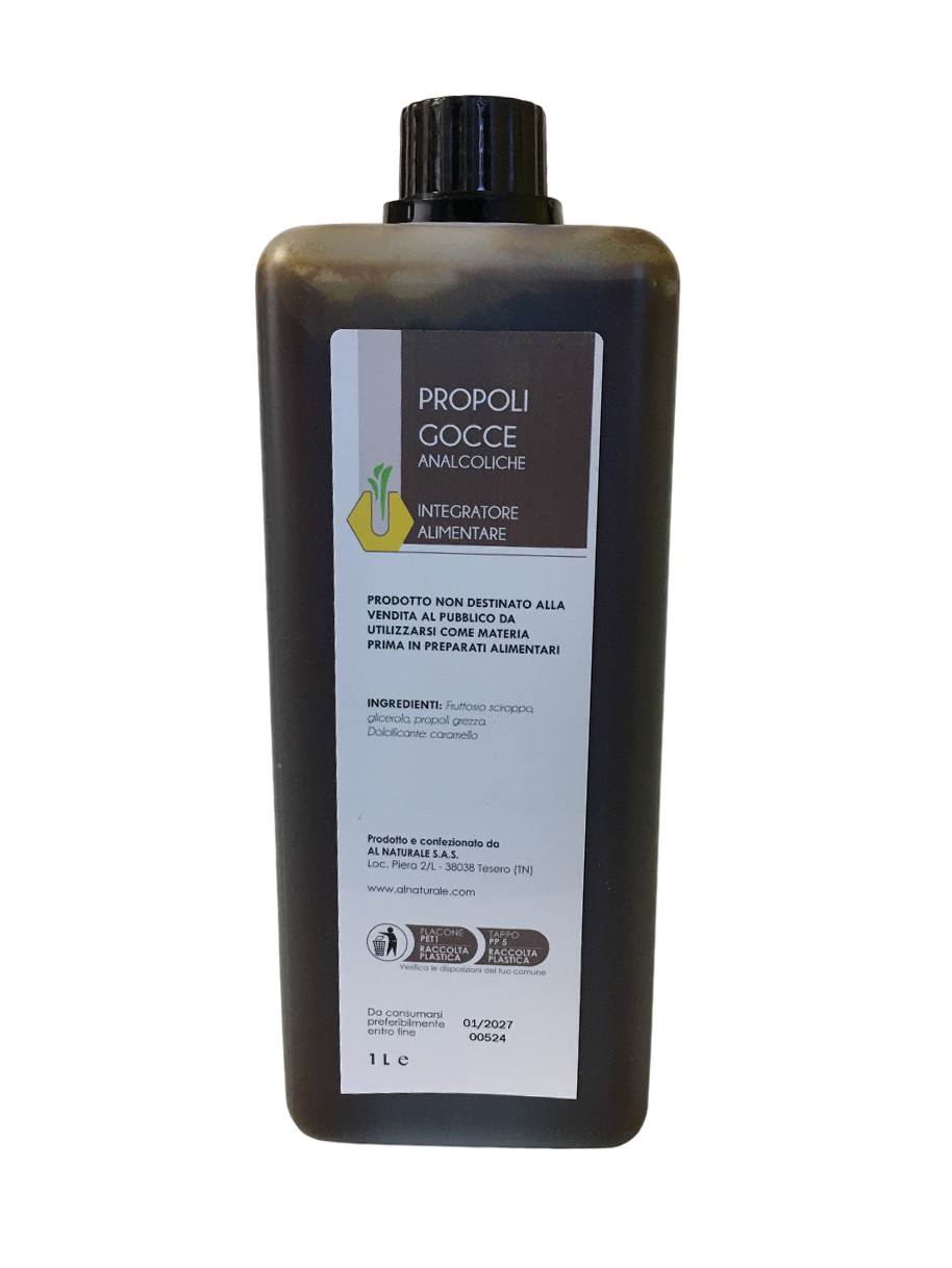 Soluzione di propoli analcolica in flacone da 1 litro per uso alimentare