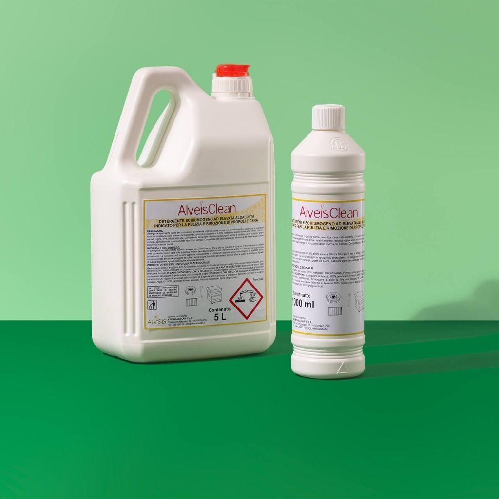 Confezioni detergente AlveisClean in bottiglia da 1L e tanica da 5L